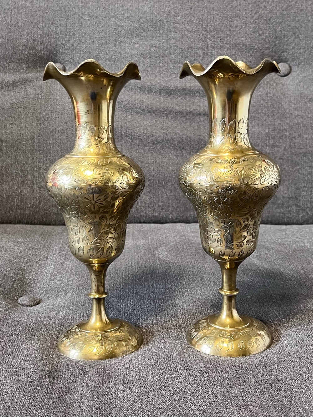 Set of 2 Vintage Solid Brass Floral Etched Vases 9” Tall Fluted Made In India